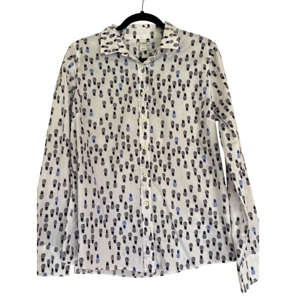 J. Crew Pineapple Print Button-Down Shirt Womens  Cotton White & Blue - Picture 2 of 11
